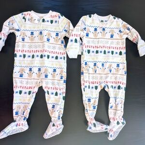 Lot Of 2 Carter's White Holiday Snowman Footed One-Piece Pajamas 12 Months